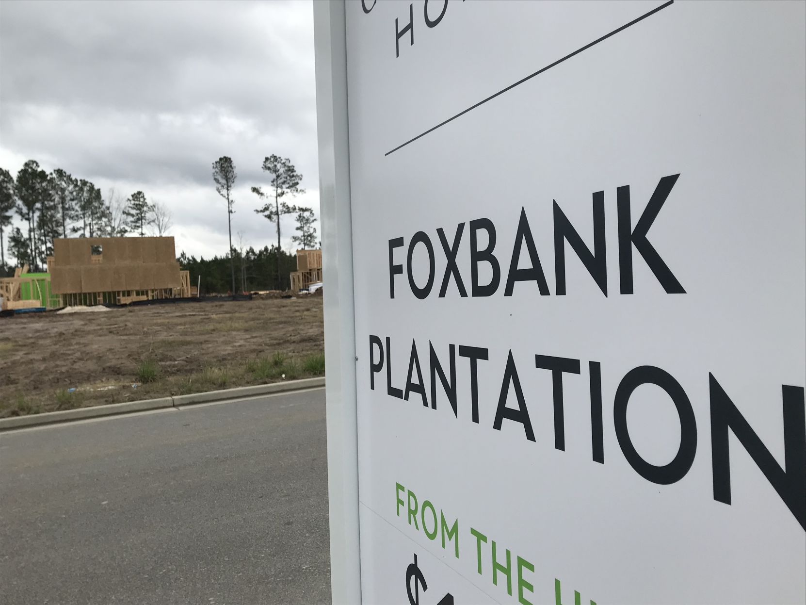 Foxbank sign with apartments under construction in the background